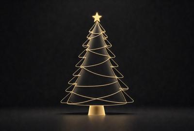 The primary subject of the image is a lit-up Christmas tree. The tree is placed on a black background, which creates a striking contrast. The visual style of the image is a combination of a photo and digital art, as it appears to be a real tree with a golden glow, yet the background is black, which is not a natural setting. The colors and mood of the image are predominantly black and gold, giving it a warm and festive atmosphere.